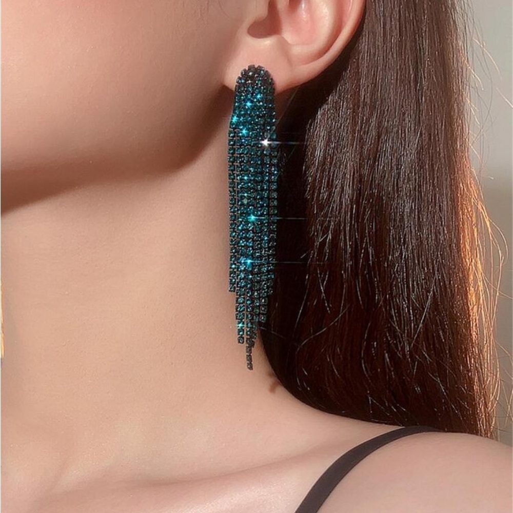 Dark Green Rhinestone Tassel Earrings, Midnights Earrings, Chandelier Earrings